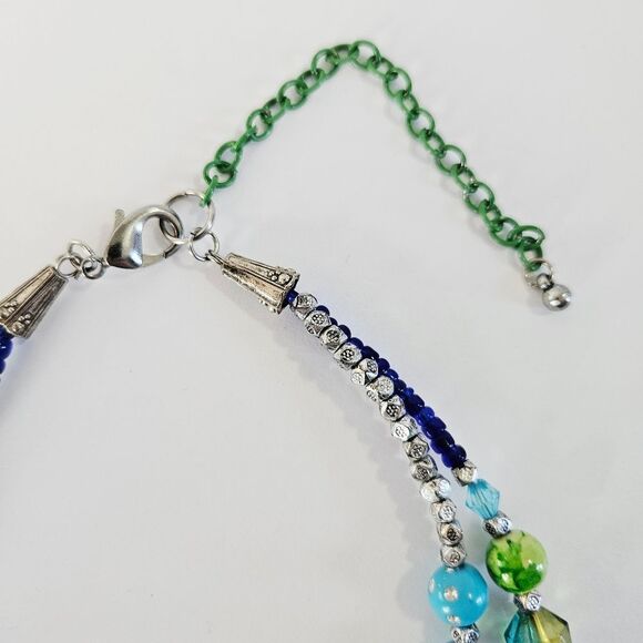 Chunky Double Strand Art Glass Blue Silver Accent Beaded Statement Bib Necklace - Picture 4 of 7